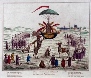 Avresa från det flygande satirskeppet på flygmaskinen föreställt av Jean-Pierre Blanchard (1753-1809): åsnor, apor och blinda tittar på den märkliga maskinen utrustad med sex vingar och ett roder. Gravyr från slutet av 1700-talet. Paris, Musée Carn