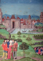 Truppernas avgång, scen från manuskriptet "Chroniques de France", en kopia av Jean de Froissart (ca 1333-1404) som berättar om Europas historia från 1225 till 1400