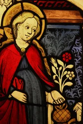 Visar en detalj av Jungfru Maria vid bebådelsen, ursprungligen från övre Rhen (målat glas)