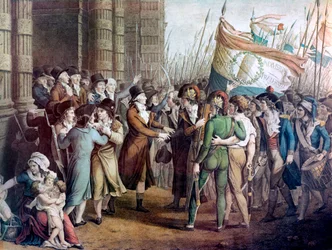 Deputerade från Nationalkonventet lämnar församlingen i Tuilerierna, 31 maj 1793 - ”Den 31 maj 1793” - Paris, 31 maj 1793: de beväpnade medborgarna framför girondisterna som lämnar konventet efter att ha besegrats av montagnarderna, i förgrunden