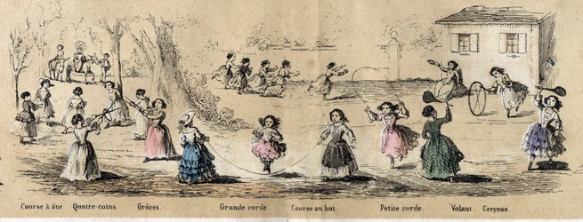 Beskrivning av barns hobbies och spel: tjejspel, fyrhörningsspel, hopprep, löpning efter mål, båge och ratt. Tallrik "" les jeux de l