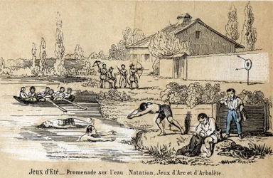 Beskrivning av barns fritidsaktiviteter och lekar: utomhusspel på sommaren och vattenlekar, simning, paddling, bågskytte och armborst. Tallrik "" les jeux de l