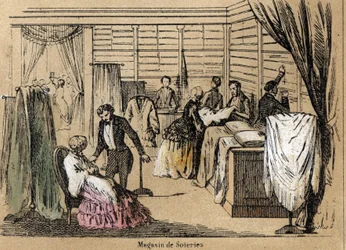 Beskrivning av kultur och sidenprodukter: en sidenbutik. Tallrik "" la soie"" i "" les Recreations instructives"" Synoptisk målning av Jules DELBRUCK, gravyr från 1860. Privat samling.