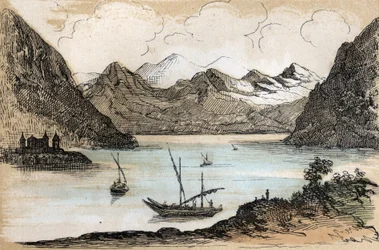 Beskrivning av de olika typerna av landskap och reliefer enligt geografi: detalj som visar Genèvesjön. Tavla "" Physical Geography"" i "" les Recreations instructives"" Synoptisk målning av Jules DELBRUCK, gravyr från 1860. Privata samlingar