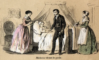 Beskrivning av de fem sinnena: beröring, en läkare som tar pulsen på en sjuk flicka. Tavla "" Les cinq sens"" i "" les Recreations instructives"" Synoptisk målning av Jules Delbruck, gravyr från 1860. Privat samling.