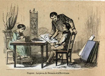 Beskrivning av de olika produkterna och användningarna av papper: en rit- och skrivbana. Tavla "" Le papier et ses produits"" i "" les Recreations instructives"" Synoptisk målning av Jules Delbruck, gravyr från 1860. Privat samling.