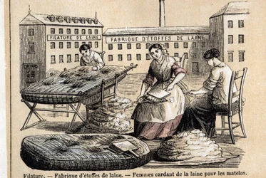 Beskrivning av fårens olika användningsområden och produkter: arbetare som kardar ull till madrasser på gården till en fabrik. Tavla "" Les Moutons"" i "" les Recreations instructives"" Synoptisk målning av Jules DELBRUCK, gravyr från 1860. Privat samling.