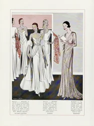 Design för aftonklänningar av Depouy-Magnin, Worth och Redfern, från Art, Gout, Beaute, pub. 1931 (färglitografi)