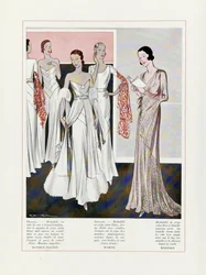 Design för aftonklänningar av Depouy-Magnin, Worth och Redfern, pub. 1931 färglitografi.