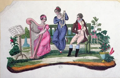 Design för en fläkt som visar en utomhuskonsert, ca 1830