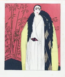Design för en aftonklänning med pälsklippt Cape, pub. 1924 pochoir tryck.