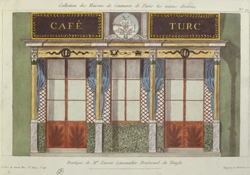Design för fasaden på Cafe Turc, från en serie som visar de bäst dekorerade kommersiella byggnaderna i Paris, ca 1810