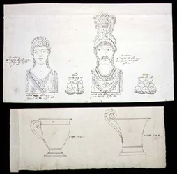 Design för förgylld brons ormolu möbelfästen och franska imperiets porslinsmuggar, ca 1820 (penna och bläck på papper)