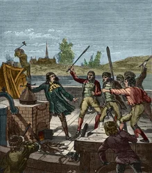 Förstörelse av Papins ångbåt - Denis Papin (1647-1712) ser sin hjulångare förstöras av båtsmännen i Muenden 1707 - Les Bateliers de Munden krossa ångbåten av Denis Papin (1647-1712) - Gravyr i "" Vetenskaper på plats av allt -