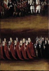 Detalj av en 1700-talsskärm som användes för Fete Gud (eller Fete of the Blessed Sacrament), som representerar processionen (målning på trä)