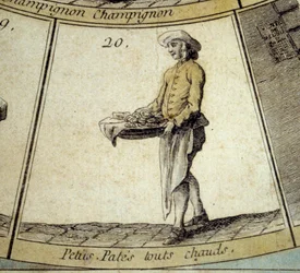 Detalj av spelet av Cree of Paris gås: köpman av het liten pasta. Gravyr av 1700-talet. Coll. Avvika.