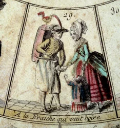 Detalj av spelet Goose of the Cree of Paris: mejeriet och vattenbäraren. Gravyr av 1700-talet. Coll. Lämnar.