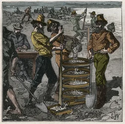 Diamanttvätt i Sydafrika på 1800-talet. Gravyr från 1885 i "" Les arts et metiers illustres"" av Adolphe BITARD.