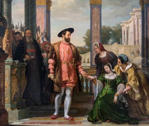 Diane de Poitiers (1499-1566) bönfaller sin fars nåd till Francis I - deatil de "Diane de Poitiers bönfaller sin fars nåd till Francois I"" målning av F.A. Bitter - 1828 - Le Mans, musee de Tesse