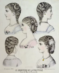 Olika frisyrer, tallrik från Le Moniteur de la Coiffure, 1880