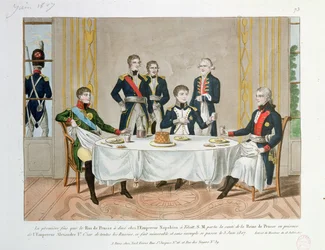 Middag i Tilsit mellan Fredrik Vilhelm III av Preussen, tsar Alexander I av Ryssland och Napoleon, som utbringar en skål för Preussens drottning, 3 juni 1807
