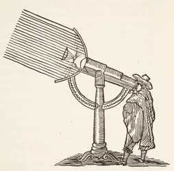 Dioptrisk teleskop, kopia av en gravyr av Boris Mestchersky (d.1957), illustration från Histoire de la Nation Francaise, Sciences, Volym I & II, av Gabriel Hanotaux (1853-1944), 1924