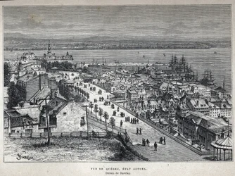 Upptäck Kanada: utsikt över Quebec City i slutet av 1800-talet. Barclay teckning. Gravyr från slutet av 1800-talet i "La nouvelle France" av Eugene Guenin.