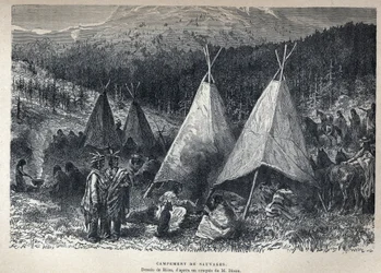 Upptäckt Kanada: American Indian Camp med tipi. Ritning av Riou från en skiss av Dixon. Gravyr från slutet av 1800-talet i "La nouvelle France" av Eugene Guenin.
