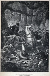 Upptäckte Kanada: Slaget vid Monongahela 1755 under sjuårskriget. Teckning av Philippoteaux. Gravyr från slutet av 1800-talet i "La nouvelle France" av Eugene Guenin.