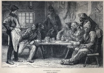 Upptäckt Kanada: Kanadensiska skogshuggare. Teckning av Maillard. Gravyr från slutet av 1800-talet i "La nouvelle France" av Eugene Guenin.