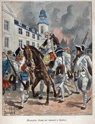 Upptäckt Kanada: Louis Joseph de Montcalm (1712-1759) general francais skadad under belägringen av staden Quabec av engelsmännen och fördes tillbaka till Quebec 1759. Gravyr från slutet av 1800-talet i "La nouvelle France" av Eugene Guenin.
