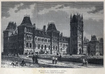 Upptäckte Kanada: Parlamentspalatset i Ottawa. Teckning av Deroy från ett fotografi. Gravyr från slutet av 1800-talet i "La nouvelle France" av Eugene Guenin.