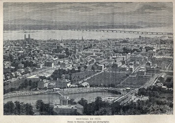Upptäckte Kanada: utsikt över staden Montreal 1875. Teckning av Benoist efter fotografi. Gravyr från slutet av 1800-talet i "La nouvelle France" av Eugene Guenin.
