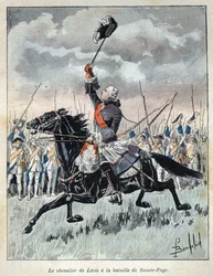 Upptäckt från Kanada: Francois Gaston dit Chevalier de Levis (1719-1787) uppmuntrade sina militära trupper i slaget vid Saint Foy (Sainte-Foy) den 27 april 1760 mot England. Gravyr från slutet av 1800-talet i "La nouvelle France" av Eugen