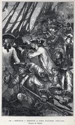 Upptäckt från Kanada: Jacques Pierre de Taffanel de la Jonquiere (1685-1752) fransk sjöofficer i spetsen för det franska fartyget "" Le serieux"" gjorde motstånd mot fem engelska fartyg. Teckning av Sahib. Gravyr från slutet av 1800-talet i ”La nouvelle Fr