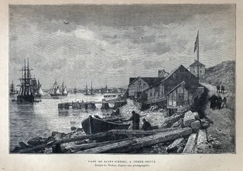 Upptäckt från Kanada: St. Peters hamn (St. Pierre) till Newfoundland, Newfoundland. Teckning av Weber från ett fotografi. Gravyr från slutet av 1800-talet i "La nouvelle France" av Eugene Guenin.