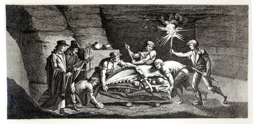 Upptäcker benen av ett förhistoriskt djur, illustration från Histoire naturelle de la Montagne Saint-Pierre de Maastricht av Barthelemy Faujas de Saint Fond (1743-1819) 1799