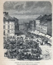 Disouverte du Canada: marschera från den övre staden (Upper City eller Upper City) till Quebec. Teckning av Taylor från ett fotografi. Gravyr från slutet av 1800-talet i "La nouvelle France" av Eugene Guenin.