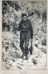 Disouverte du Canada: porträtt av en kanadensisk fångst i skogen. Gravyr från slutet av 1800-talet i "La nouvelle France" av Eugene Guenin.