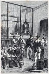 Destillatorbutik i Paris på 1800-talet - Gravyr i "Vetenskapen gjort tillgängliga för alla - fysik och kemi" av Alexis Clerc - Slutet av 1800-talet - Privat samling