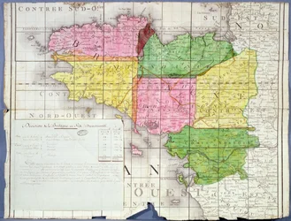 Indelning av Bretagne i sex departement, ca 1789-90 (färg litho)