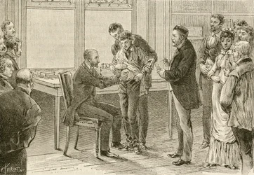 Doktor Pasteur undersöker pojke infekterad med rabies. 1800-talet (gravyr)