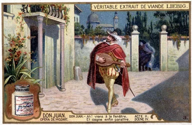 Don Juan i Trubadur: Akt II sc. IV av Mozart-operan "" Don Giovanni""" Liebig Chromolithography, v.1900