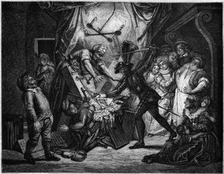 Don Quijote slåss mot dockorna som han tror är morer. Gravyr av V. Beauce efter målningen av Charles Antoine Coypel (1694-1752), som illustrerar Cervantes roman (1547-1616). I "Le Magasin pittoresque"