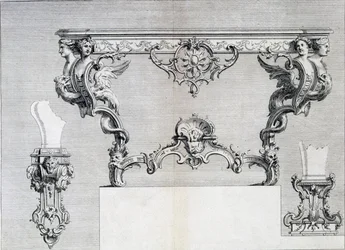 Dubbelgrenad ljusstake med rokoko och klassiska inslag, från en mönsterbok med neoklassiska metalldesigner sammansatta av Duhamel, ca 1770-80-talet