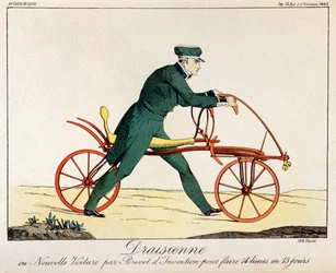 Draisienne, förfader till cykeln, 1820 (färggravyr)