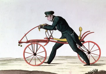 Draisin, cykelns föregångare, uppfunnen 1816 av baron Karl von Drais (1785-1851), 1820