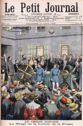 Dragning av presslotteriet på Credit Fonciers kontor från Frankrike till Paris. Markkredit. Dragningen av presslotteriet. Illustration för Le petit Journal