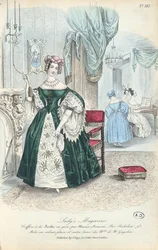 Klänning i vanlig sammet och lamm satin, parisisk modetallrik från The Ladys Magazine, publicerad i London, 1831