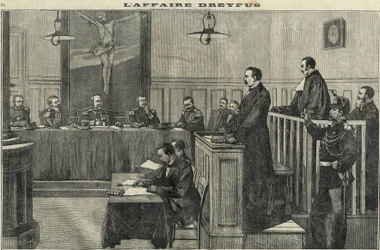 Dreyfus-fallet 1898: en utfrågning av krigsrådet: rättegången mot kommendör Esterhazy. Gravyr i ”Le petit parisien” från 1898.